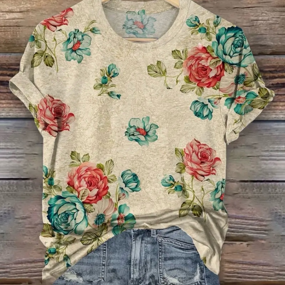 Floral Short Sleeve Tee in Cream with Pink & Teal Roses